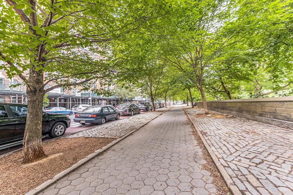 Sidewalk with parked cars and trees lining the path in an urban area.
