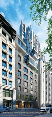 Front view of a modern multi-story building with a unique architectural design featuring setbacks and large windows.