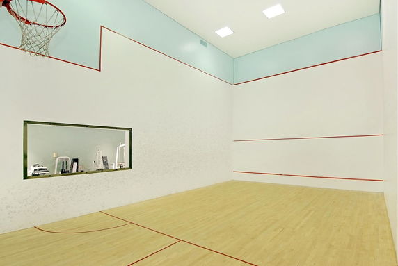 Indoor squash court with basketball hoop and large glass window.
