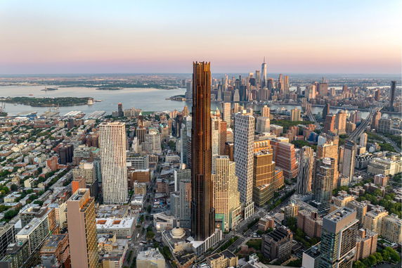 Panoramic view of a cityscape featuring numerous skyscrapers and buildings.