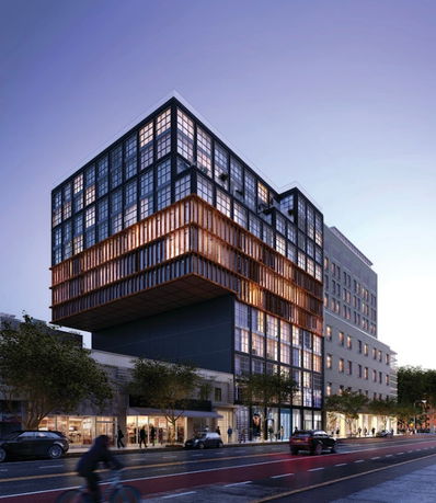 Front view of a modern multi-story building with a unique overhanging design.