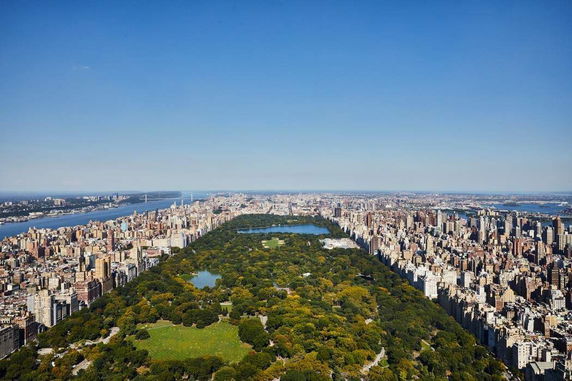 Wide-angle aerial view of a large park surrounded by an urban skyline.