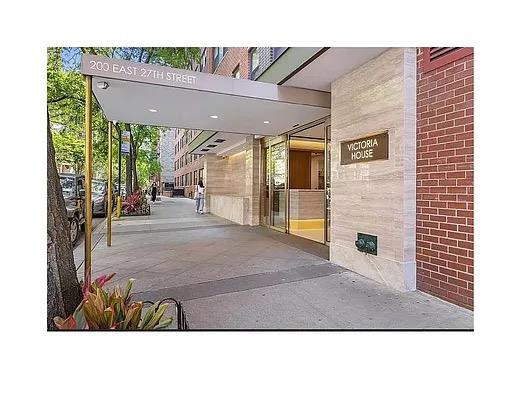 View of the entrance to a building with a canopy labeled 'Victoria House' at 200 East 27th Street.