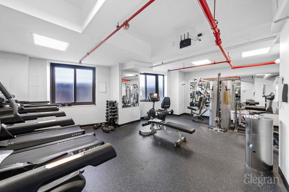 Indoor gym area with treadmills, weight racks, and exercise equipment.