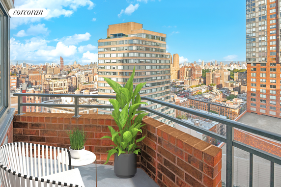 High-angle view of cityscape from a balcony with brick railing and potted plants.