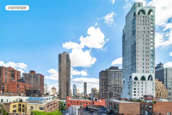 Skyline view of a cityscape with multiple high-rise buildings.