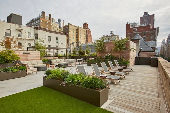Rooftop area featuring lounge chairs, greenery in planters, and outdoor seating.