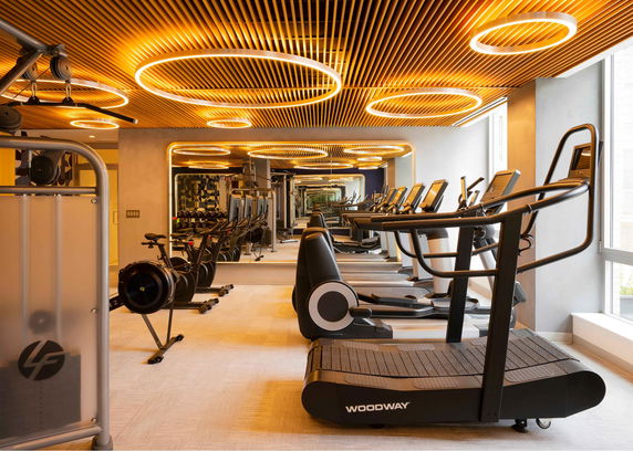 Interior view of a modern gym with treadmills and exercise bikes.
