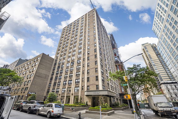 Front view of a high-rise apartment building.