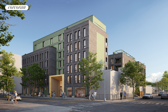 Front view of a modern multi-story building with a combination of gray and green facade.