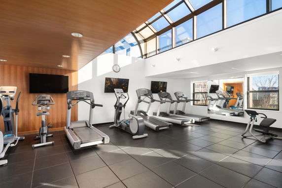 Indoor gym room with exercise equipment and skylights.