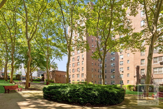 Front view of a multi-story brick building with windows and trees in front.
