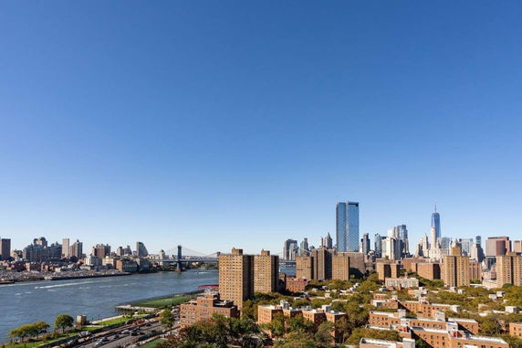 Panoramic view of a cityscape with tall buildings and a river.