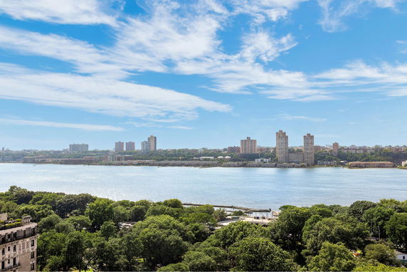 Panoramic view of a river with buildings in the background and trees in the foreground.