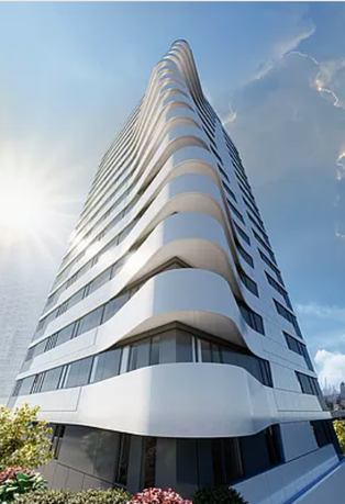 Front view of a modern high-rise building with curved architectural design.