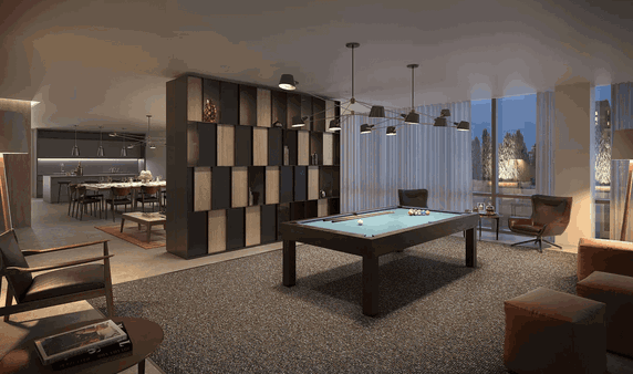 Room with a pool table and seating area, featuring modern decor.