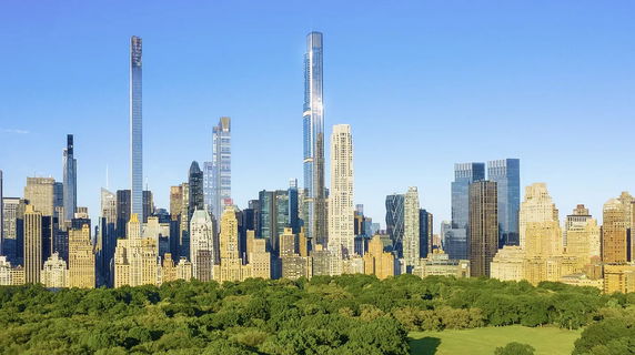 Skyline view of several tall buildings and skyscrapers.