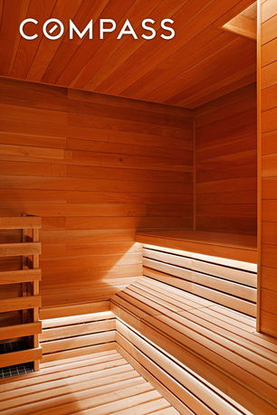 Interior view of a wooden sauna room.