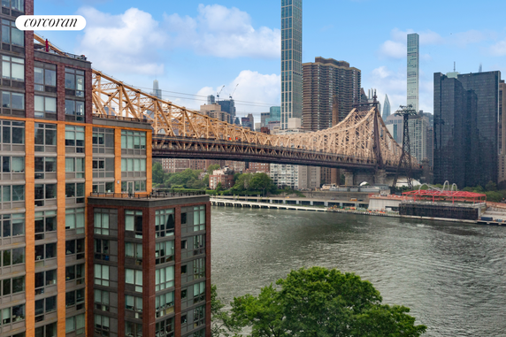 View of a bridge and cityscape with high-rise buildings by a river.