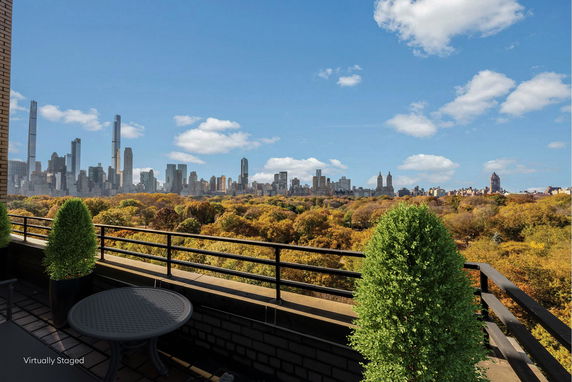 Panoramic view from a rooftop with a city skyline in the background.