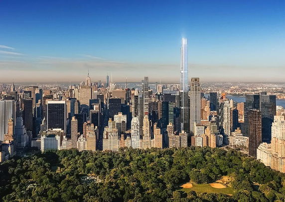 Panoramic view of a city skyline with numerous skyscrapers and a large park in the foreground.