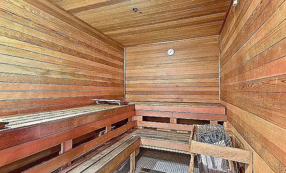 Interior view of a wooden sauna room.