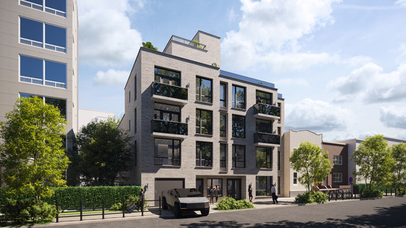 Front view of a modern multi-story residential building.
