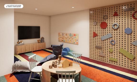 Indoor play area with colorful carpet, a pegboard wall with shapes, TV, and children's furniture.