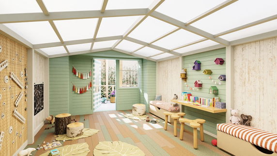 Indoor play area with wooden elements and colorful decor.