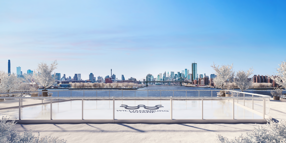 Panoramic view of a city skyline with a river and snowy trees in the foreground.