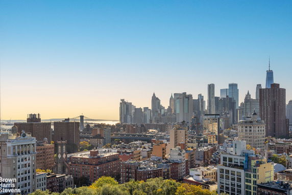 Panoramic view of the city skyline with various buildings and skyscrapers.