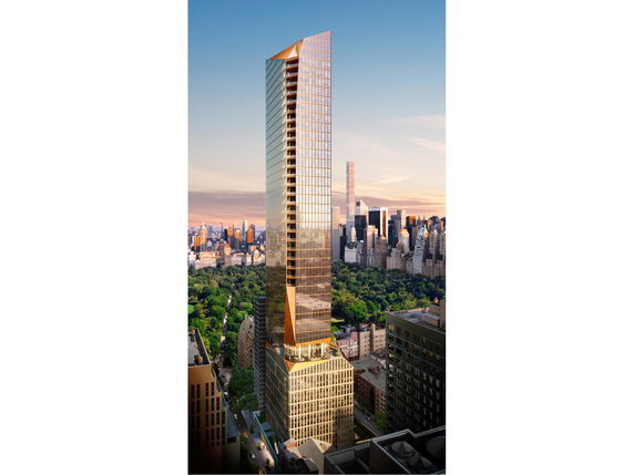 Front view of a tall modern skyscraper with a glass facade in an urban setting.