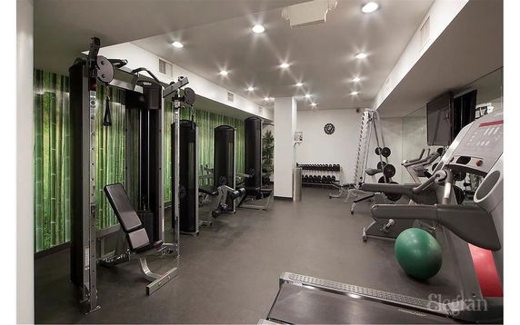 Indoor gym area with various exercise equipment and weight racks.
