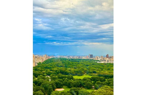 Aerial view of a large green park surrounded by city buildings under a cloudy sky.