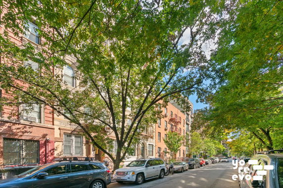 Street view showing multi-story brick residential buildings with trees lining the sidewalk.