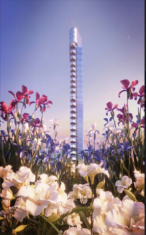 Front view of a tall, narrow skyscraper with a glass facade.