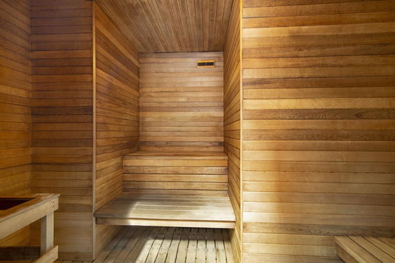 Interior view of a wooden sauna room.