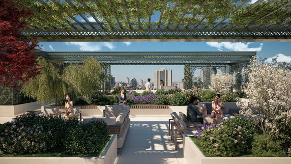 Rooftop garden with seating areas and views of city skyline.