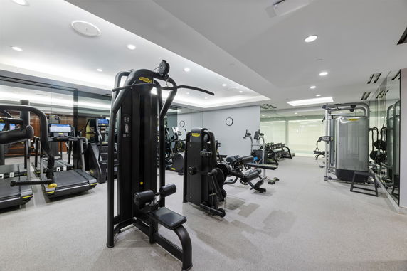 Interior view of a modern gym with various exercise machines.