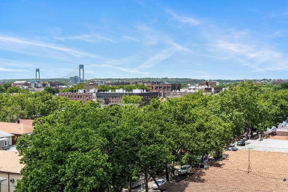 Panoramic view of a cityscape with trees and a bridge in the background.