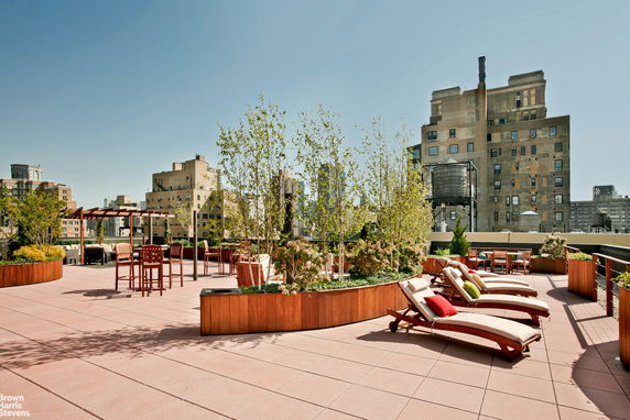 Rooftop with lounge chairs, plants, and seating area.