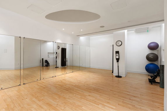 Indoor gym area with mirrors, exercise balls, and rubber flooring.