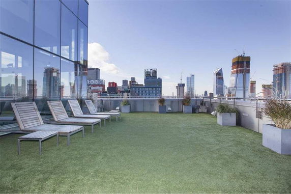 Rooftop area with deck chairs and planters, overlooking a city skyline.
