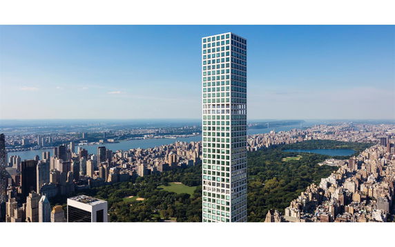 Elevated view of a tall skyscraper with a grid-like facade towering over a cityscape.