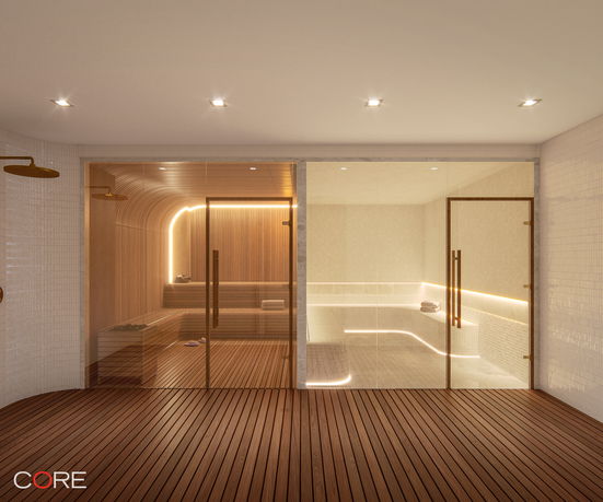 Interior view of a spa area with sauna and steam room.