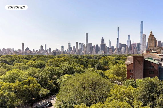 Panoramic view of a city skyline with a large park in the foreground.
