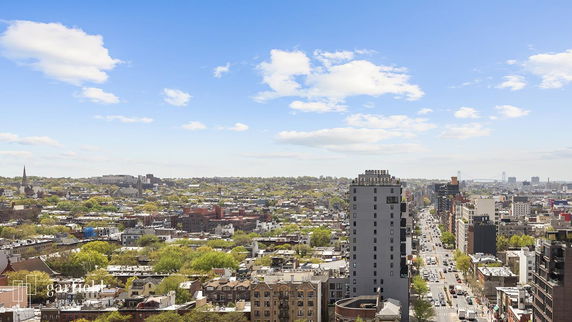 Panoramic cityscape view featuring buildings and a distant bridge under a blue sky.