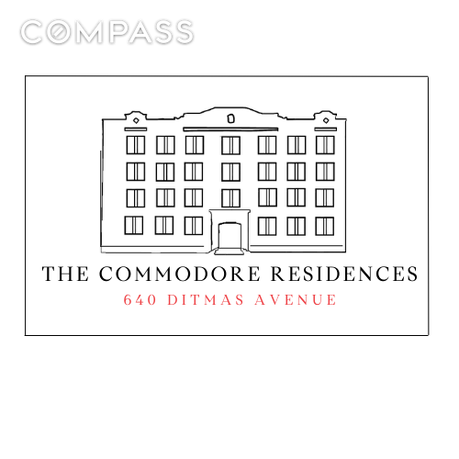 Front view illustration of a multi-story residential building labeled 'The Commodore Residences' at 640 Ditmas Avenue.