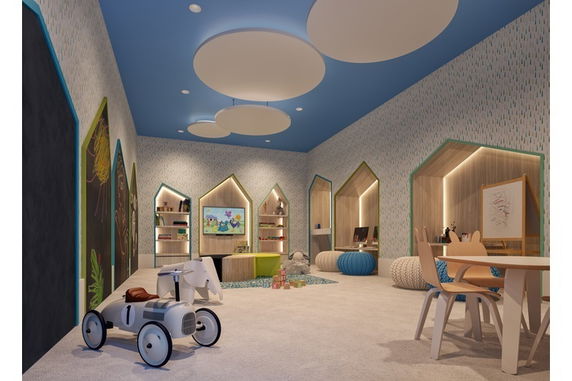 Room designed for children's play with colorful decor and play equipment.