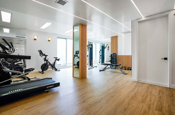 Interior view of a modern home gym with exercise equipment.